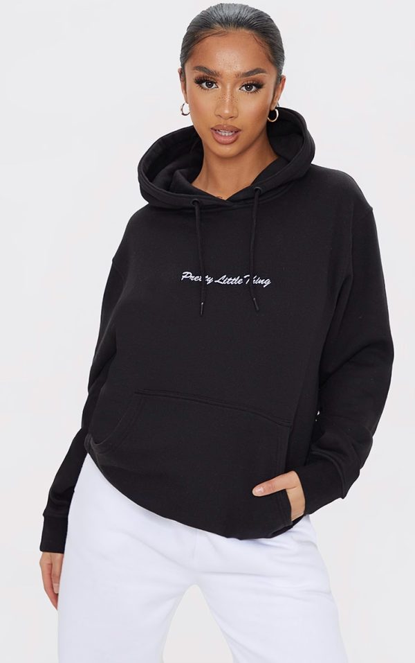 PRETTYLITTLETHING Petite Black Oversized Embroidered Hoodie