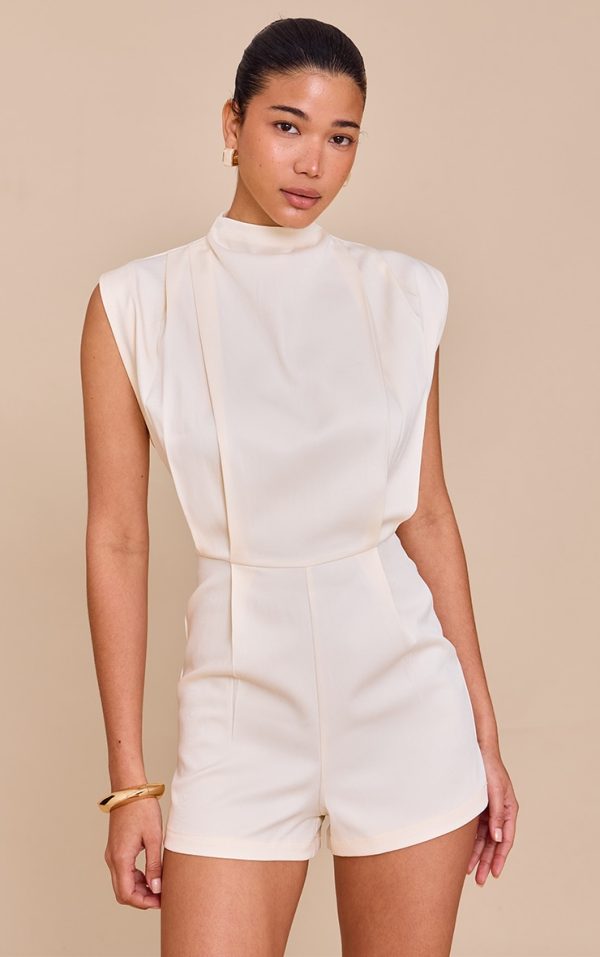 Almond Woven Bagged Over Boat Neck Romper