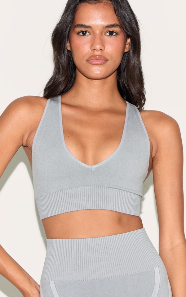 Grey Ribbed Seamless Sports Bra
