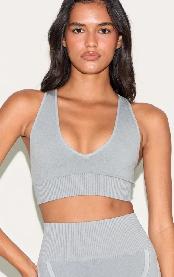 Grey Ribbed Seamless Sports Bra