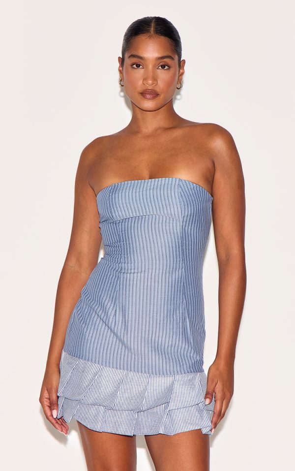 Blue Contrast Pinstripe Bandeau Shift Dress