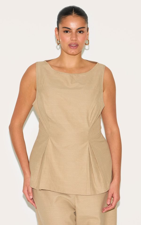Plus Sand Striped Cotton Peplum Top
