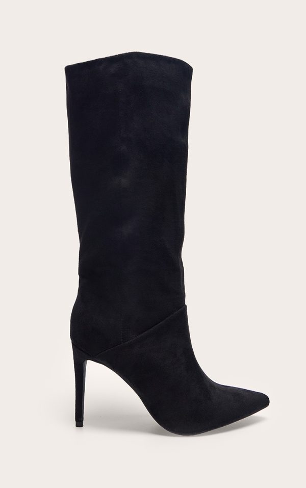 Black Faux Suede Point Toe Stiletto Heeled Calf High Boots