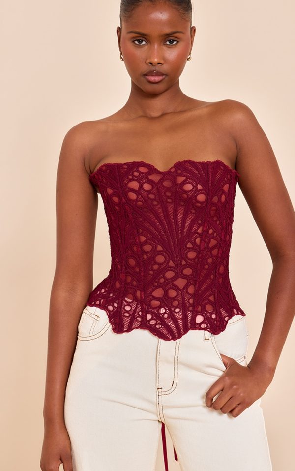 Wine Textured Sheer Floral Lace Corset