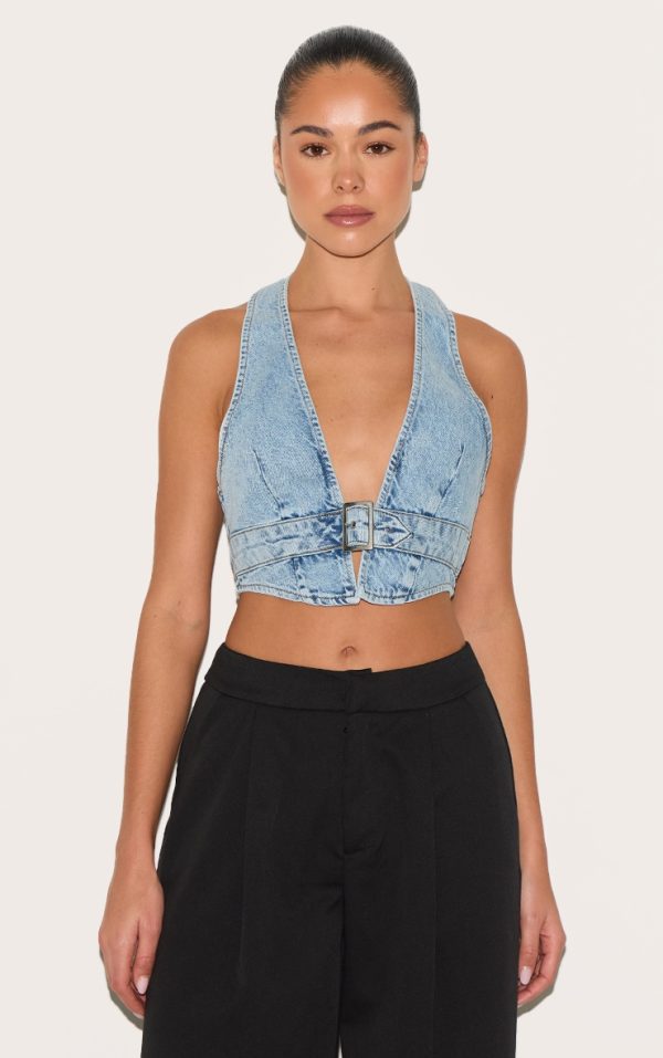 Light Blue Wash Buckle Front Denim Halterneck Top