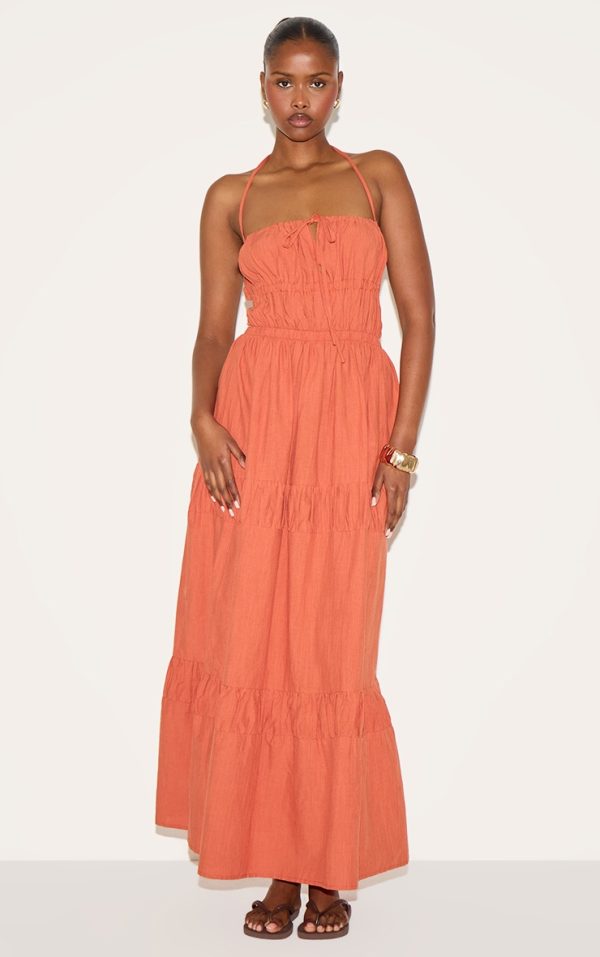 Rust Ruched Backless Strappy Maxi Dress