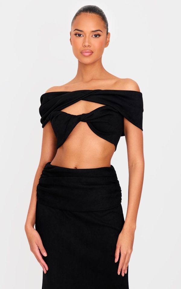 Black Faux Suede Ruched Twist Off The Shoulder Crop Top