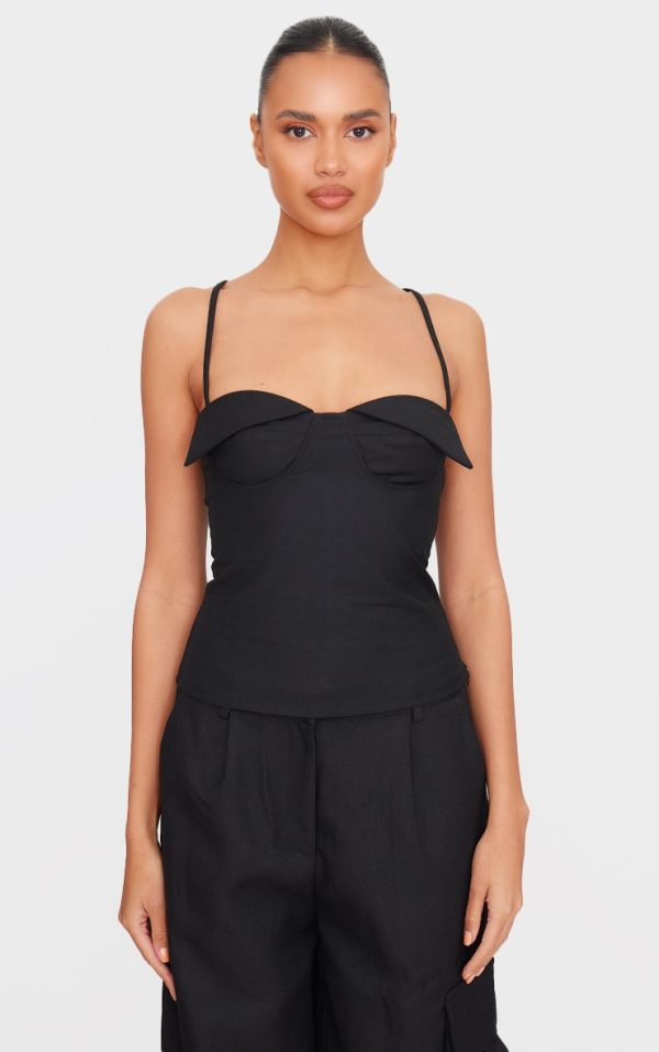Black Woven Bust Detail Cross Strap Long Top