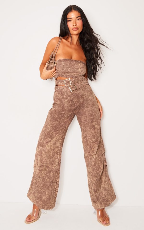 Petite Washed Brown Bandeau Cut Out Front Jumpsuit