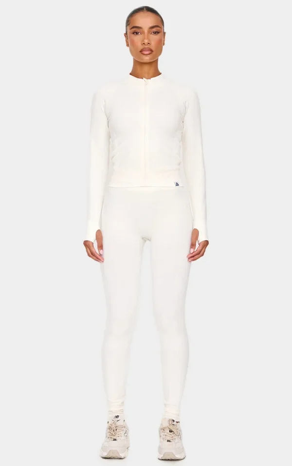 Cream Ribbed Detail Gym Leggings
