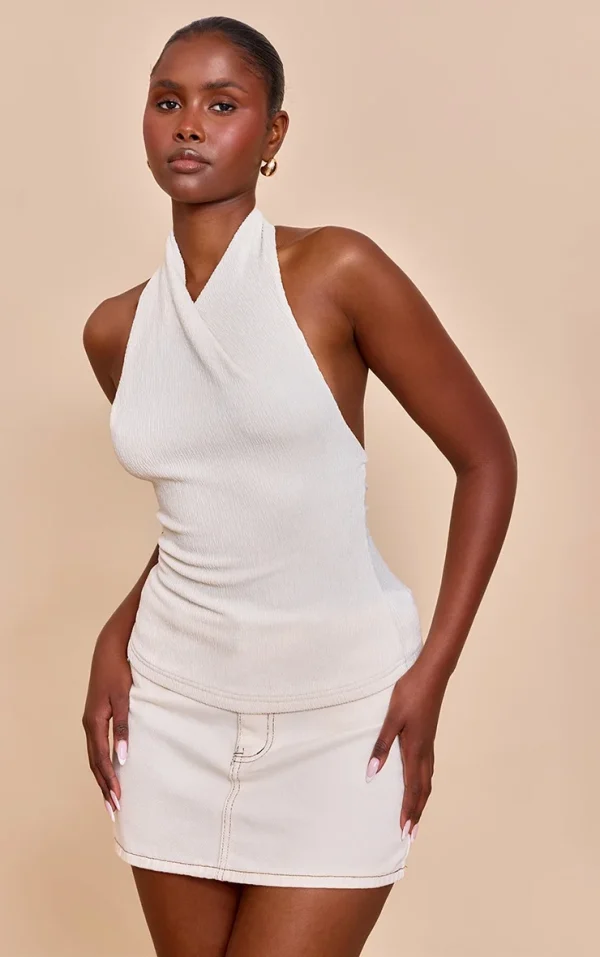 Cream Textured Twisted Halter Neck Long Top