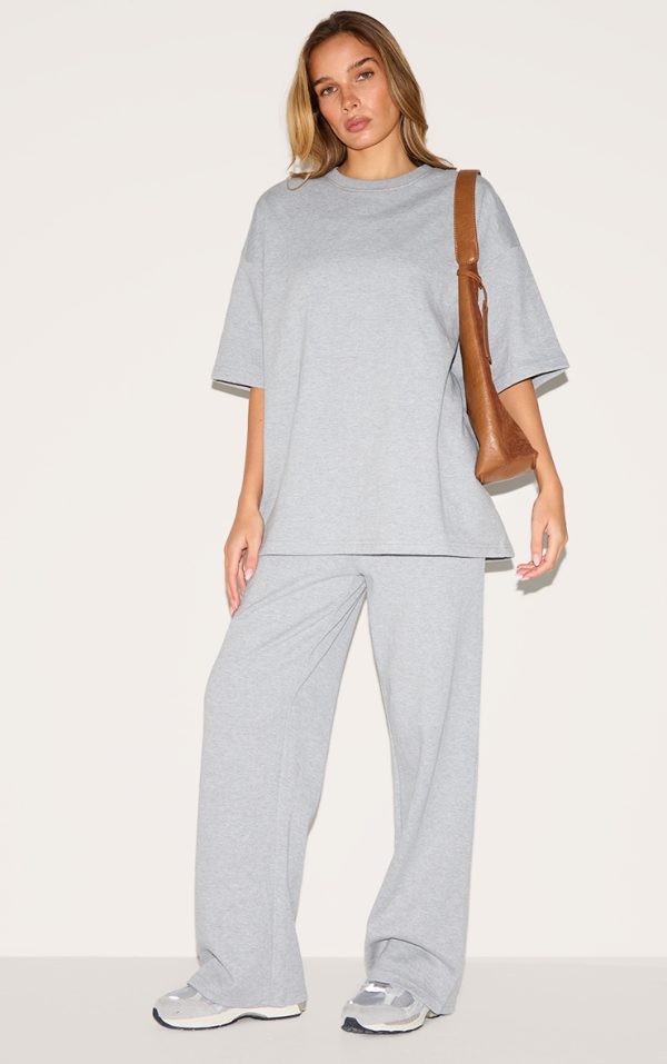 Grey Jersey Mid Rise Wide Leg Pants