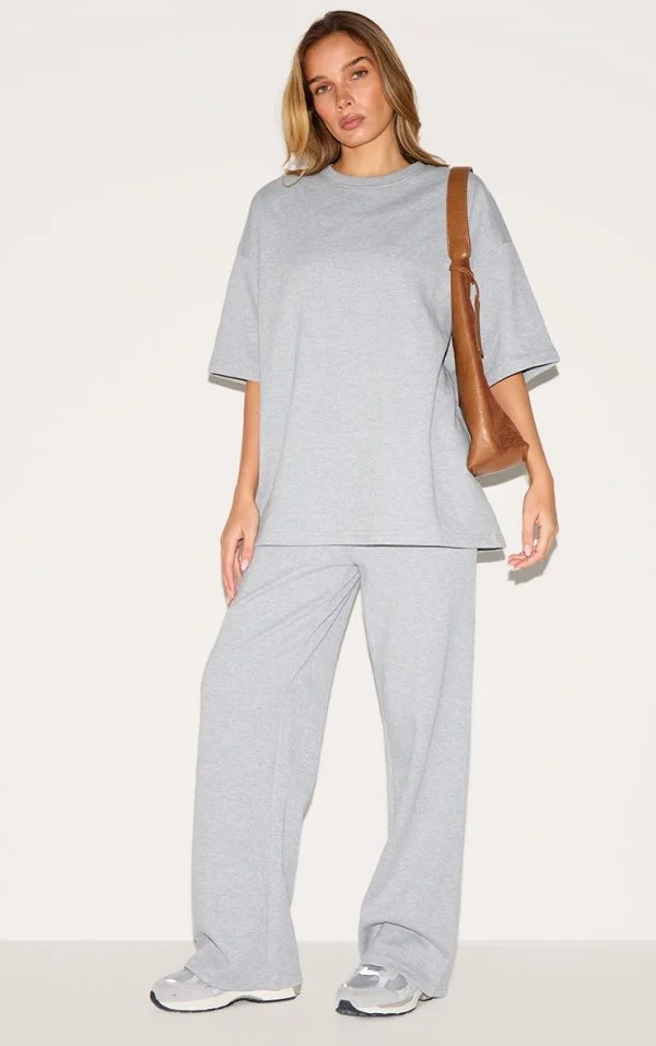 Grey Jersey Mid Rise Wide Leg Pants