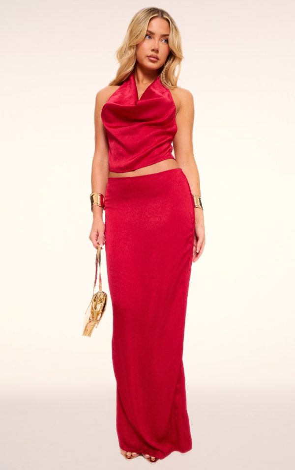 Red Textured Satin Low Rise Maxi Skirt