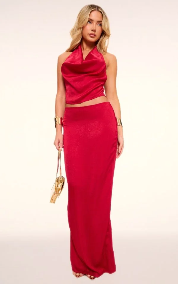 Red Textured Satin Low Rise Maxi Skirt