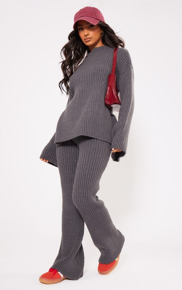 Petite Charcoal Rib Knit Wide Leg Pants