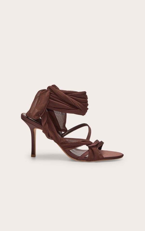 Chocolate Satin Round Toe Lace Up Ribbon High Heel Sandals