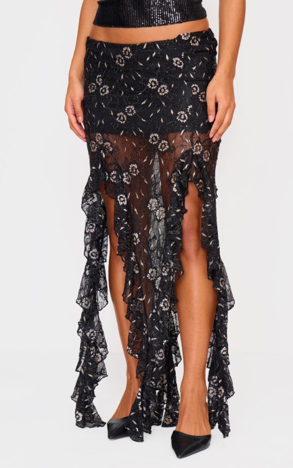 Black Sequin Lace Drape Detail Maxi Skirt