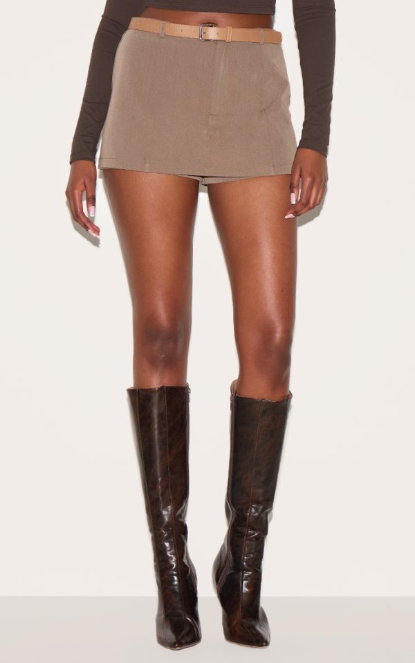 Brown Tailored Woven Belt Detail Skort