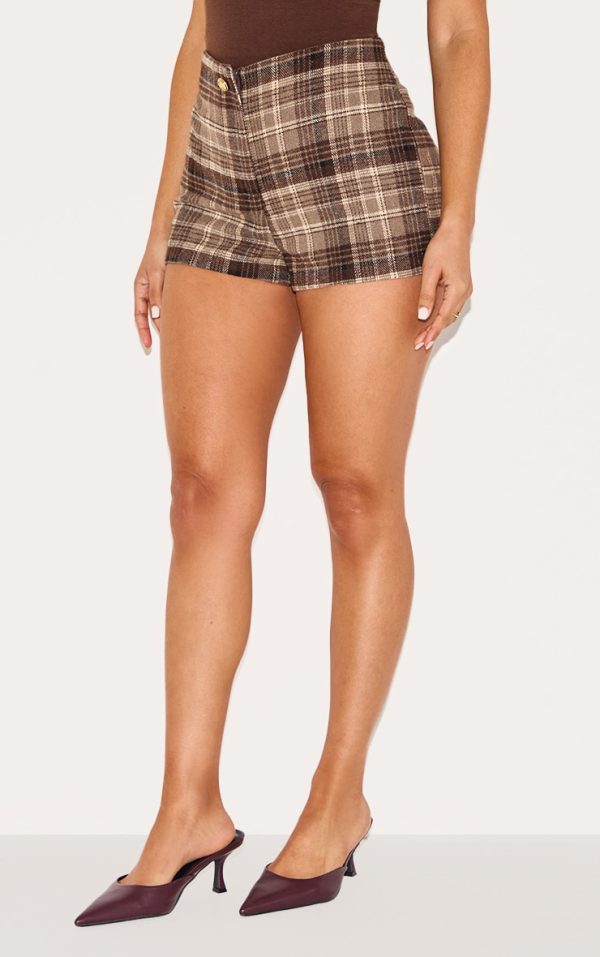 Petite Brown Check Tailored Mid Rise Shorts