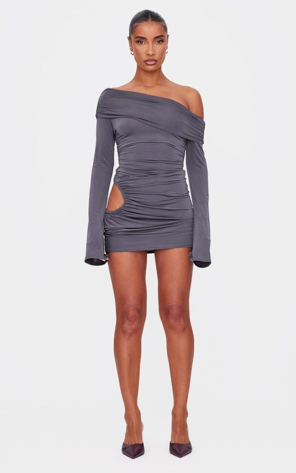 Dark Grey Double Slinky Asymmetric Cut Out Mini Dress