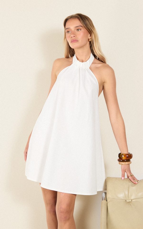 White Linen-Blend Ruched Halterneck Shift Dress