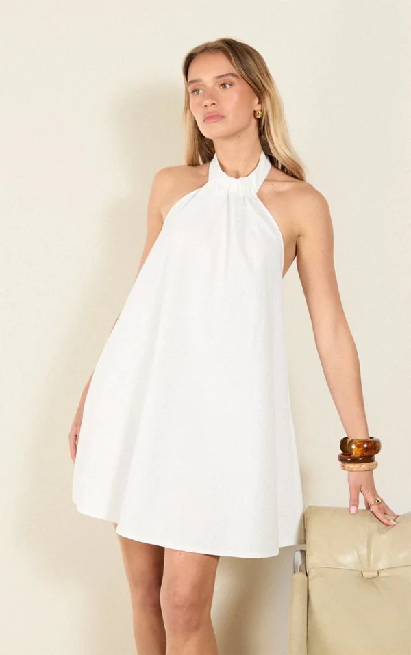 White Linen-Blend Ruched Halterneck Shift Dress