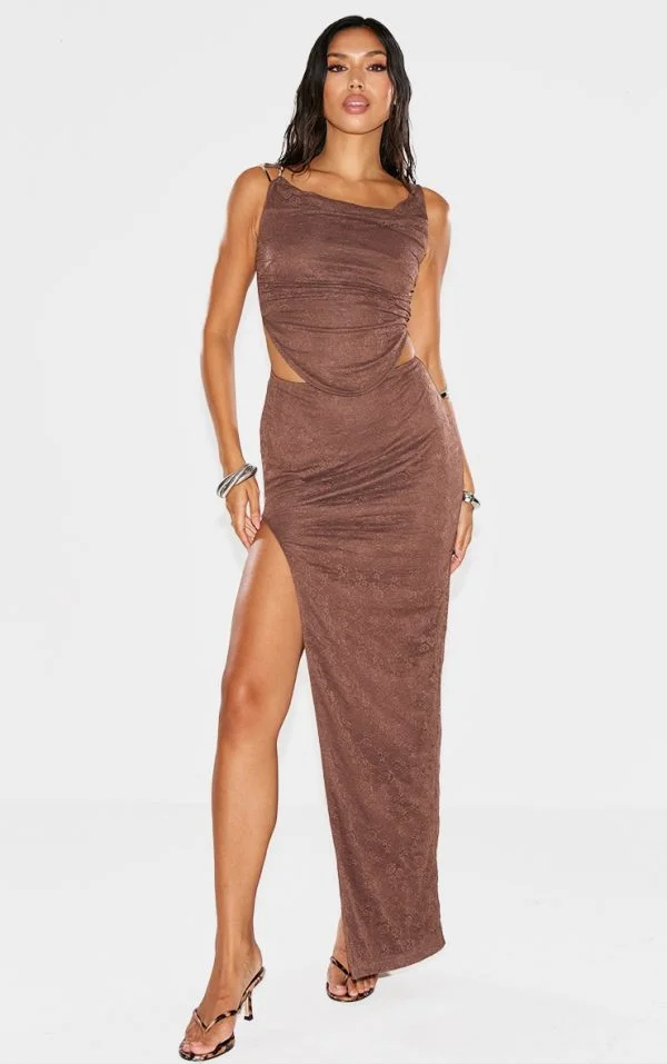 Brown Lace Cut Out Maxi Dress