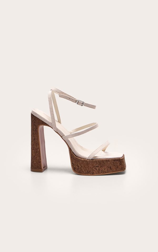Cream Faux Suede Square Toe Platform Cork Heeled Sandals