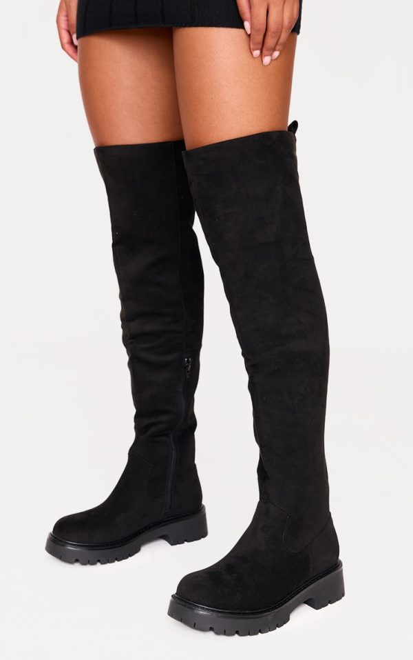 Wide Fit Black Faux Suede Round Toe Chunky Over The Knee Boots