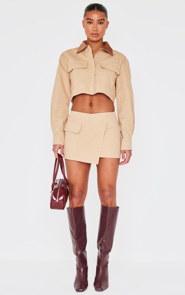 Beige Woven Cargo Wrap Mini Skirt