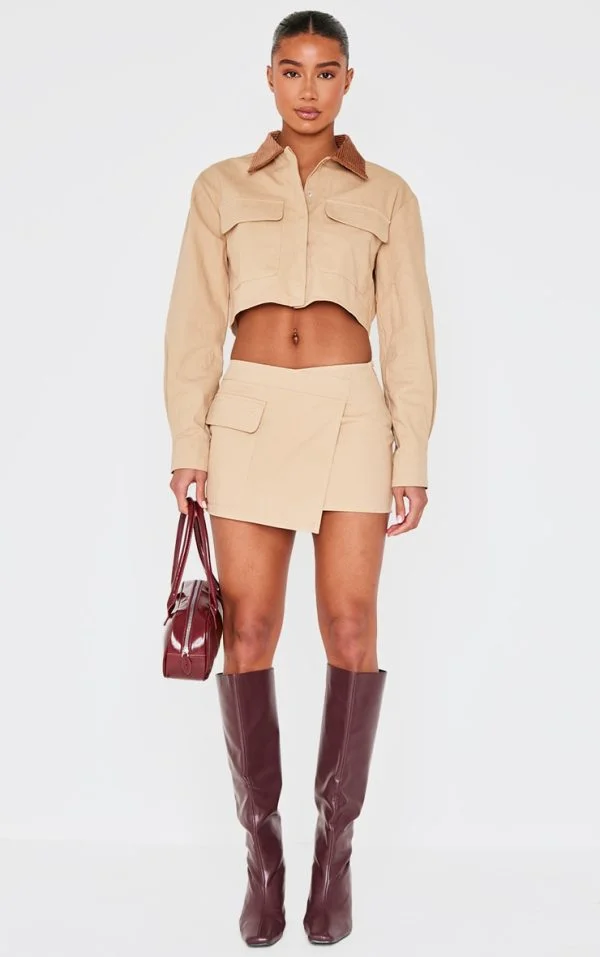Beige Woven Cargo Wrap Mini Skirt