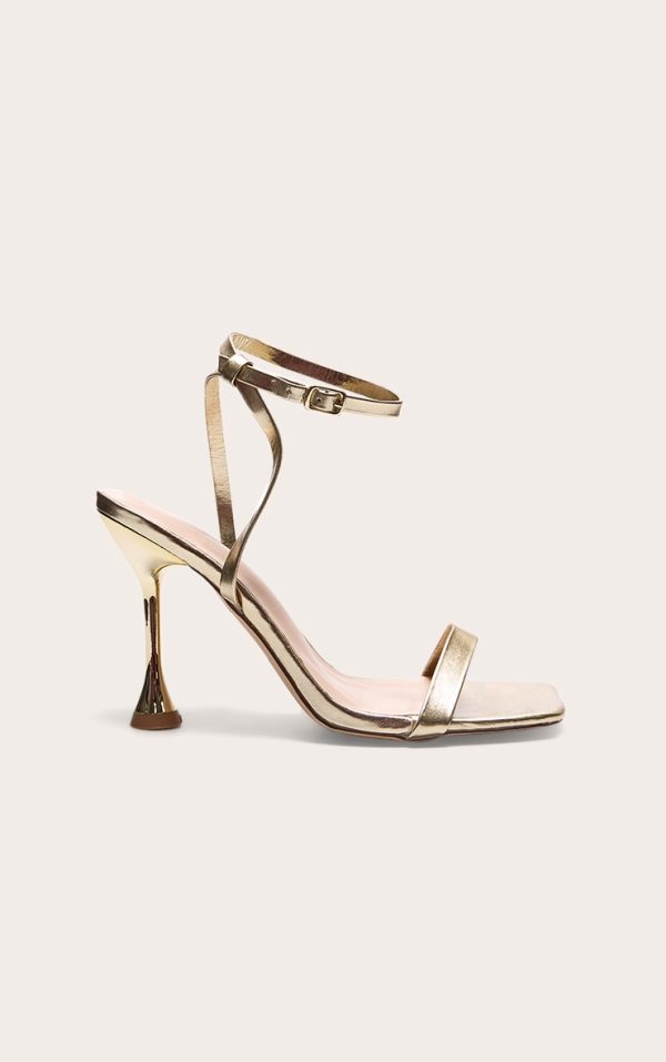 Gold Wide Fit Pu Square Toe Ankle Buckle Heeled Sandals
