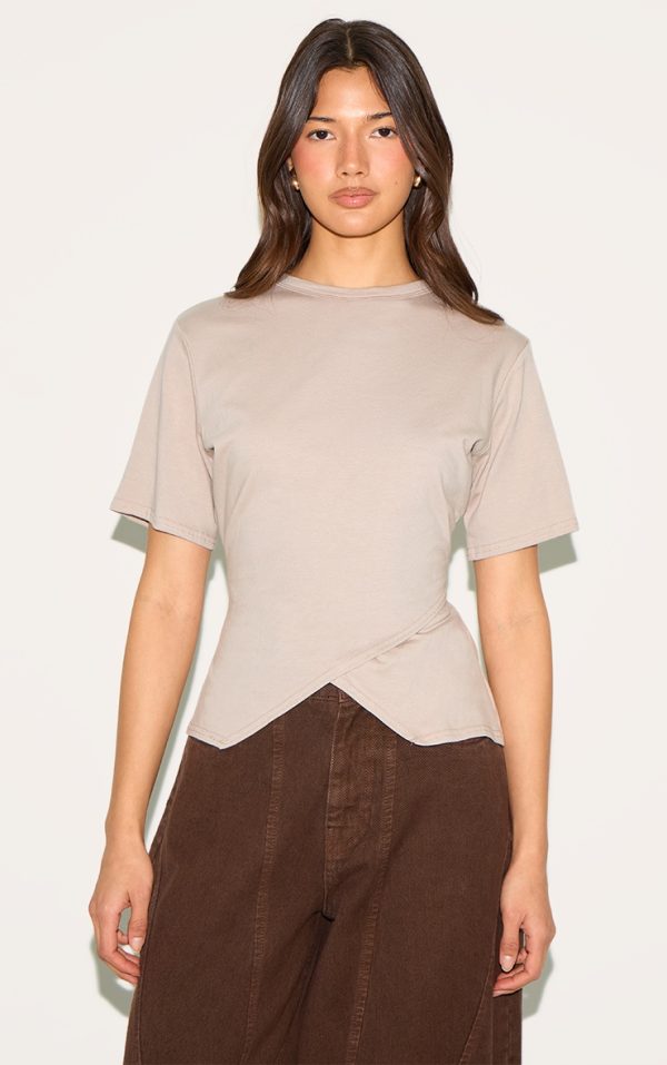 Sand Cotton Ruched Side Detail T Shirt