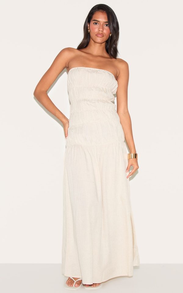 Natural Bandeau Ruched Detail Maxi Dress