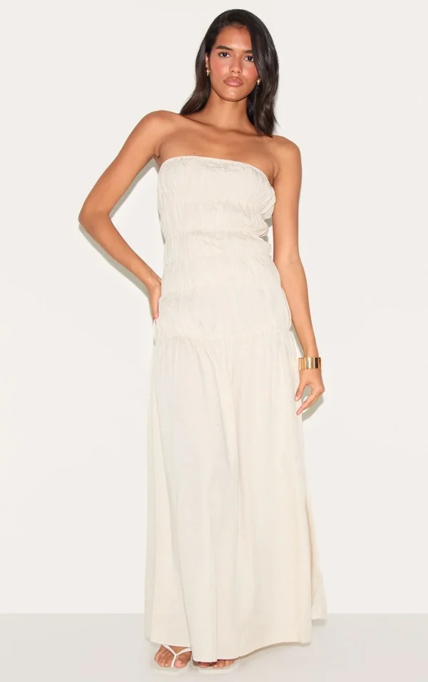 Natural Bandeau Ruched Detail Maxi Dress