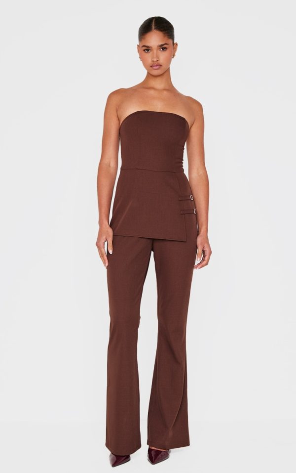 Dark Chocolate Structured Woven Bandeau Belt Detail Straight Leg Jumpsuit