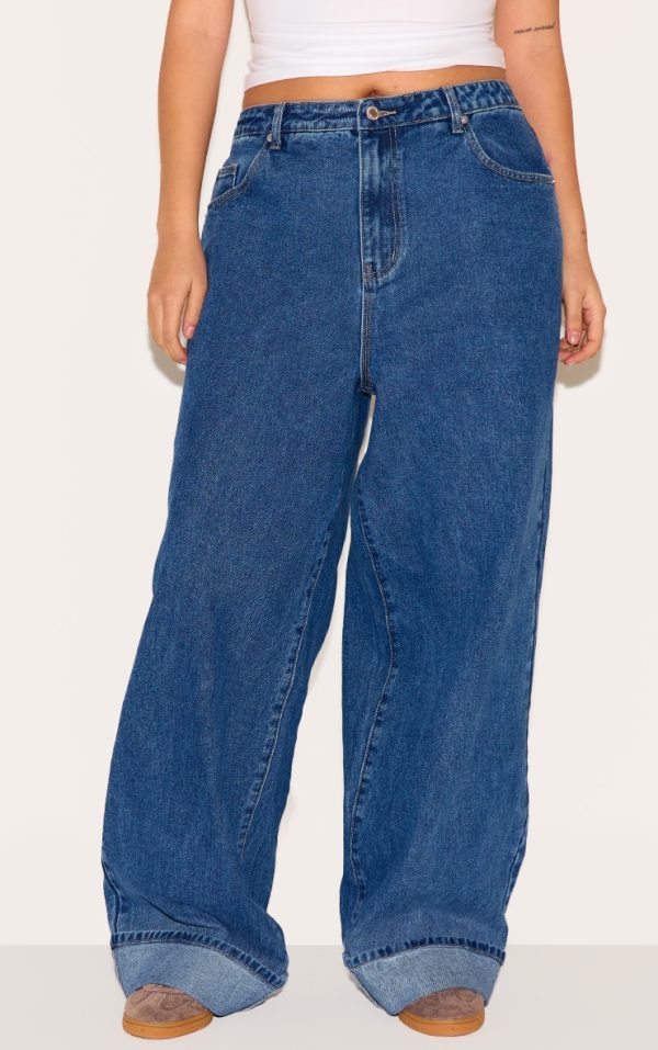 Plus Washed Blue Turn Up Wide Leg Jeans
