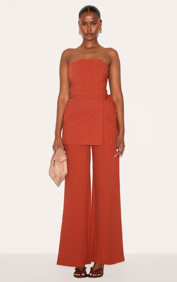 PLT Label Paprika Overlay Panel Lace Up Tailored Jumpsuit