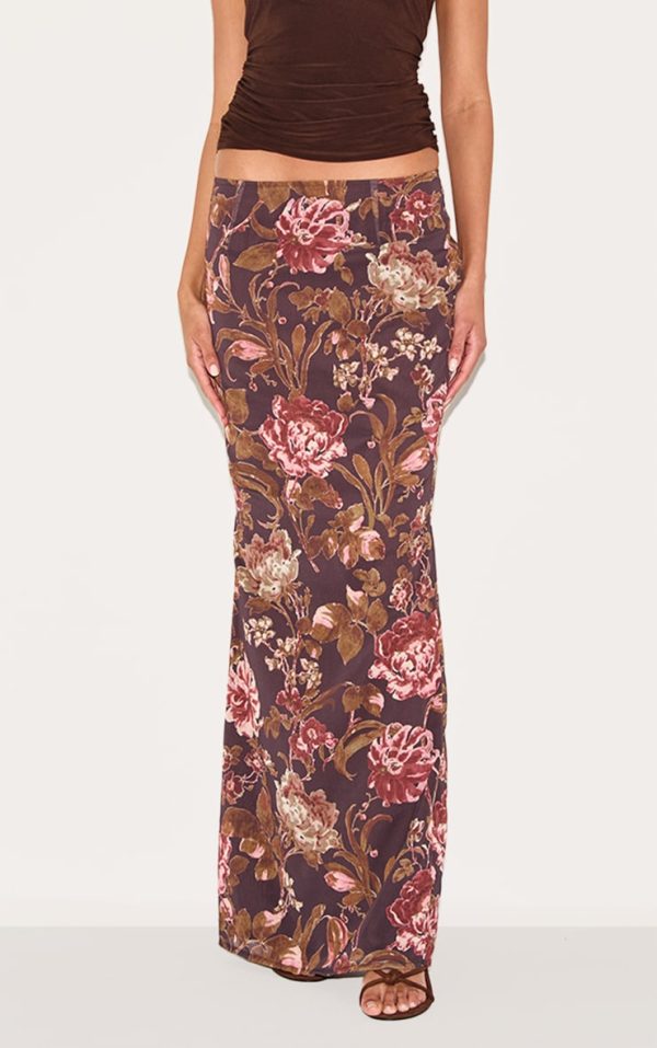 Brown Floral Print Chiffon Maxi Skirt