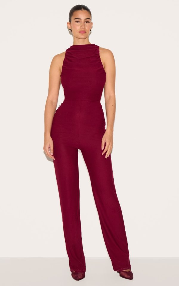 Burgundy Soft Touch Ruched Straight Leg Jumpsuit