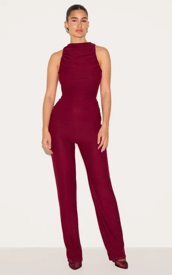Burgundy Soft Touch Ruched Straight Leg Jumpsuit