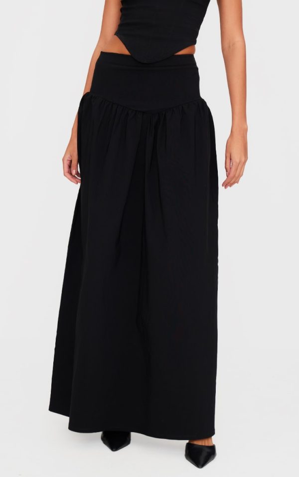 Black Stretch Woven Drop Waist Maxi Skirt