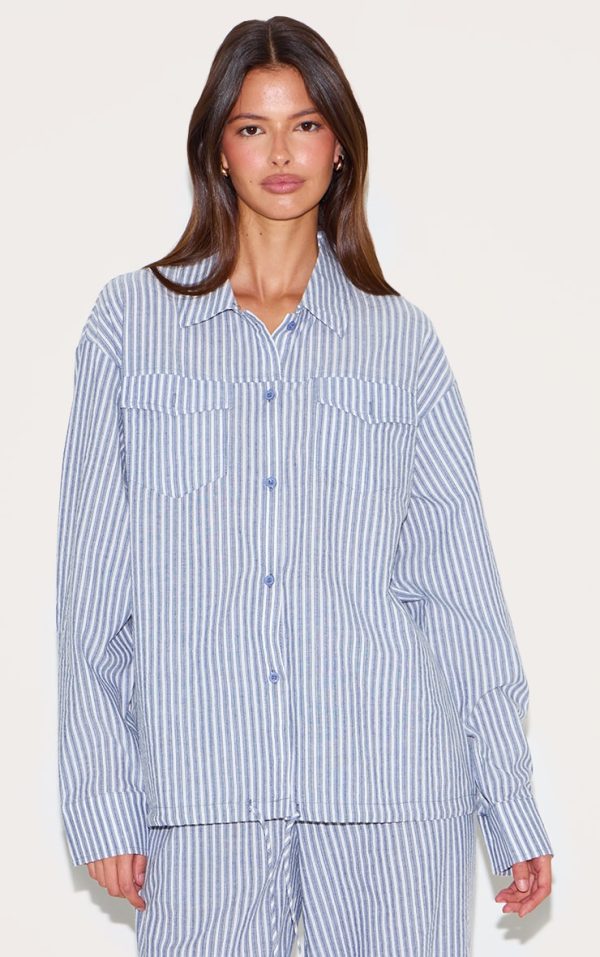 Blue Striped Linen Pocket Detail Oversized Shirt