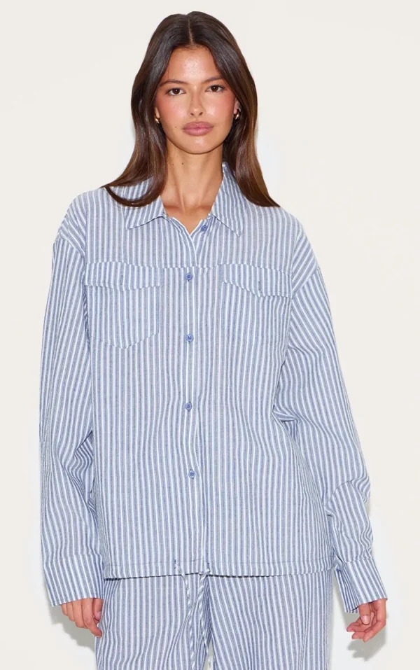 Blue Striped Linen Pocket Detail Oversized Shirt