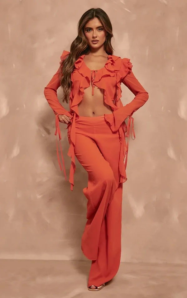 Orange Chiffon Mid Rise Wide Leg Pants