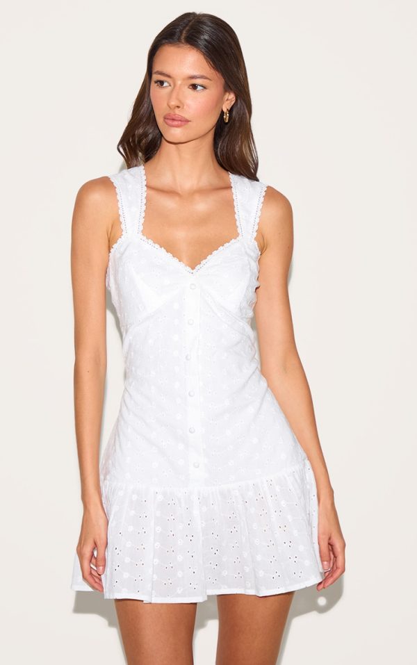 White Embroidered Button Down Sleeveless Shift Dress