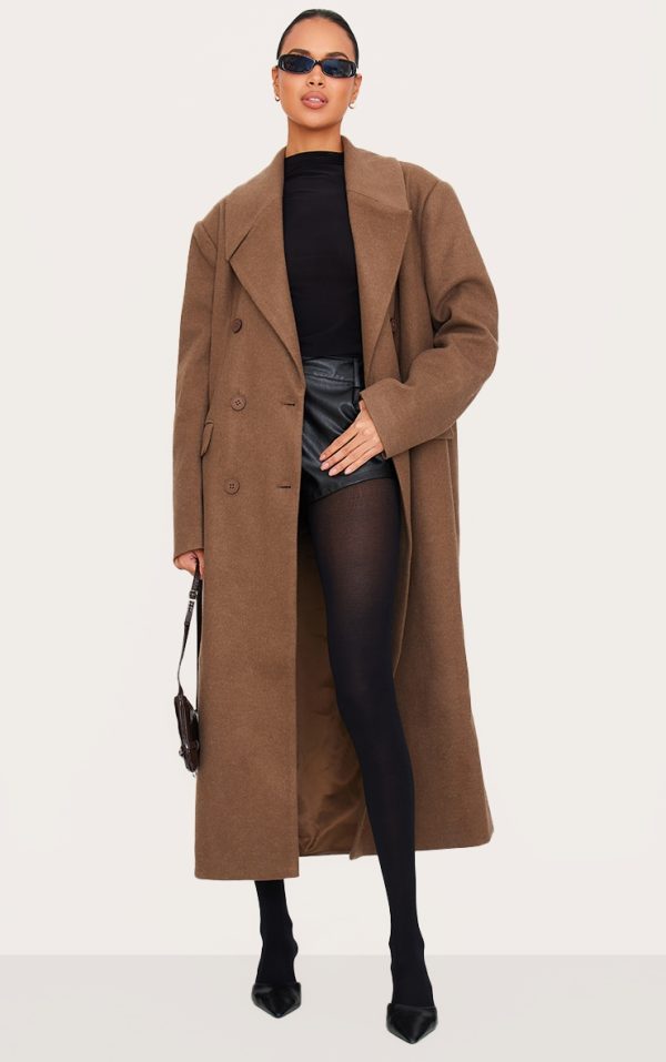 Chocolate Wool Look Double Breasted Oversized Maxi Coat