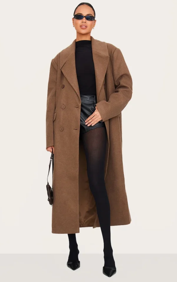 Chocolate Wool Look Double Breasted Oversized Maxi Coat