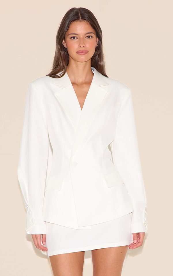 White Woven Cinched Waist Fitted Blazer